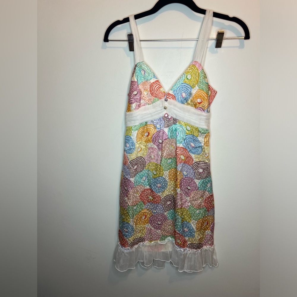 100% Silk Juliette Longuet Dress Size 2 Y2K Colorful Mini Dress